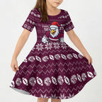 Personalized Sea Eagles Christmas Kid Short Sleeve Dress Australian Rugby Fans - Pixelated Ugly Xmas Pattern Mascot Santa
