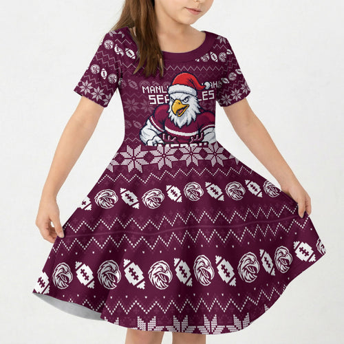 Personalized Sea Eagles Christmas Kid Short Sleeve Dress Australian Rugby Fans - Pixelated Ugly Xmas Pattern Mascot Santa