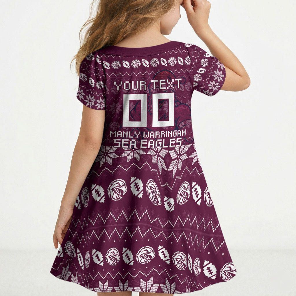 Personalized Sea Eagles Christmas Kid Short Sleeve Dress Australian Rugby Fans - Pixelated Ugly Xmas Pattern Mascot Santa