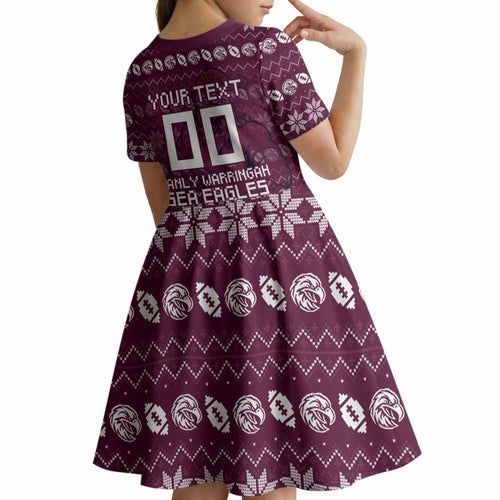 Personalized Sea Eagles Christmas Kid Short Sleeve Dress Australian Rugby Fans - Pixelated Ugly Xmas Pattern Mascot Santa
