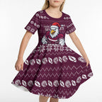 Personalized Sea Eagles Christmas Kid Short Sleeve Dress Australian Rugby Fans - Pixelated Ugly Xmas Pattern Mascot Santa