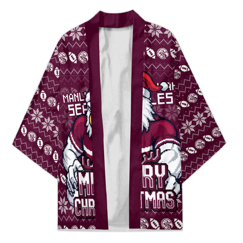 Personalized Sea Eagles Christmas Kimono Australian Rugby Fans - Pixelated Ugly Xmas Pattern Mascot Santa