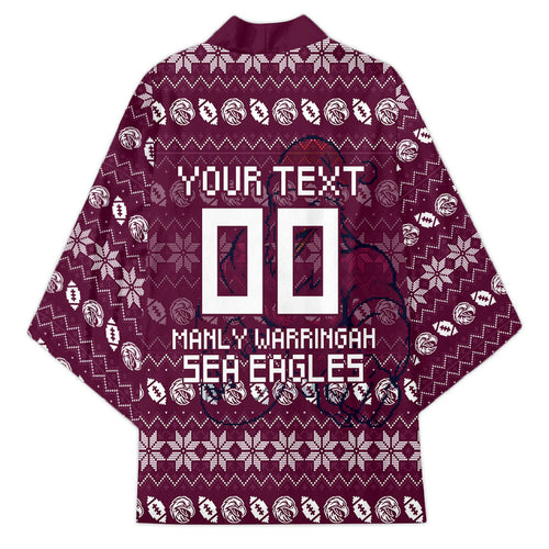 Personalized Sea Eagles Christmas Kimono Australian Rugby Fans - Pixelated Ugly Xmas Pattern Mascot Santa