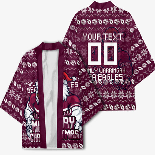 Personalized Sea Eagles Christmas Kimono Australian Rugby Fans - Pixelated Ugly Xmas Pattern Mascot Santa