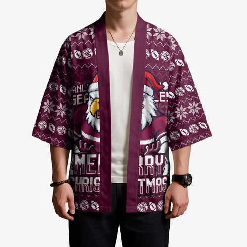 Personalized Sea Eagles Christmas Kimono Australian Rugby Fans - Pixelated Ugly Xmas Pattern Mascot Santa