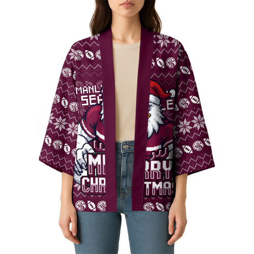 Personalized Sea Eagles Christmas Kimono Australian Rugby Fans - Pixelated Ugly Xmas Pattern Mascot Santa