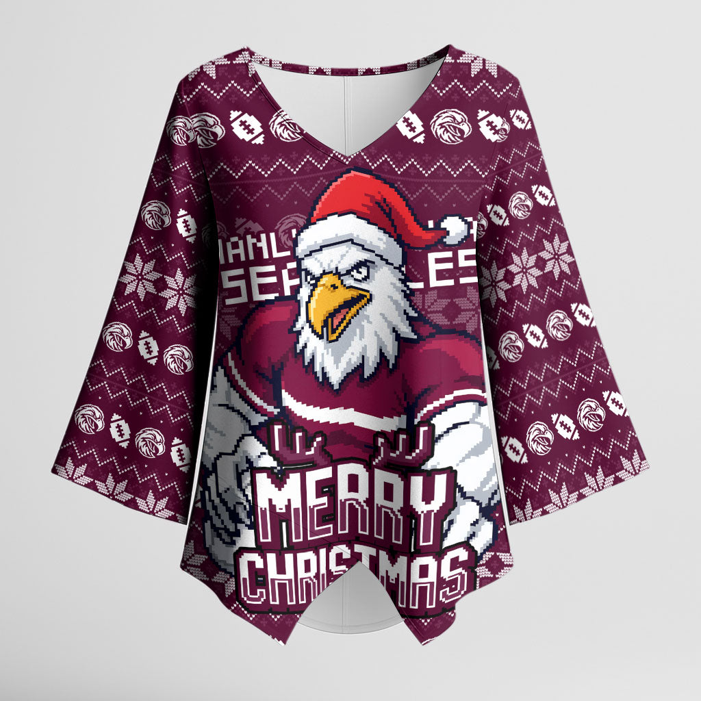 Personalized Sea Eagles Christmas Kimono Sleeve Blouse Australian Rugby Fans - Pixelated Ugly Xmas Pattern Mascot Santa
