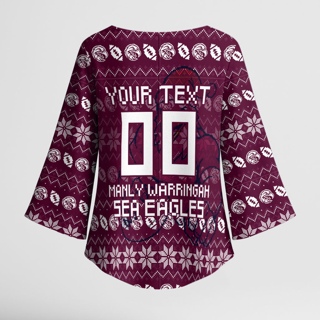 Personalized Sea Eagles Christmas Kimono Sleeve Blouse Australian Rugby Fans - Pixelated Ugly Xmas Pattern Mascot Santa
