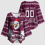 Personalized Sea Eagles Christmas Kimono Sleeve Blouse Australian Rugby Fans - Pixelated Ugly Xmas Pattern Mascot Santa