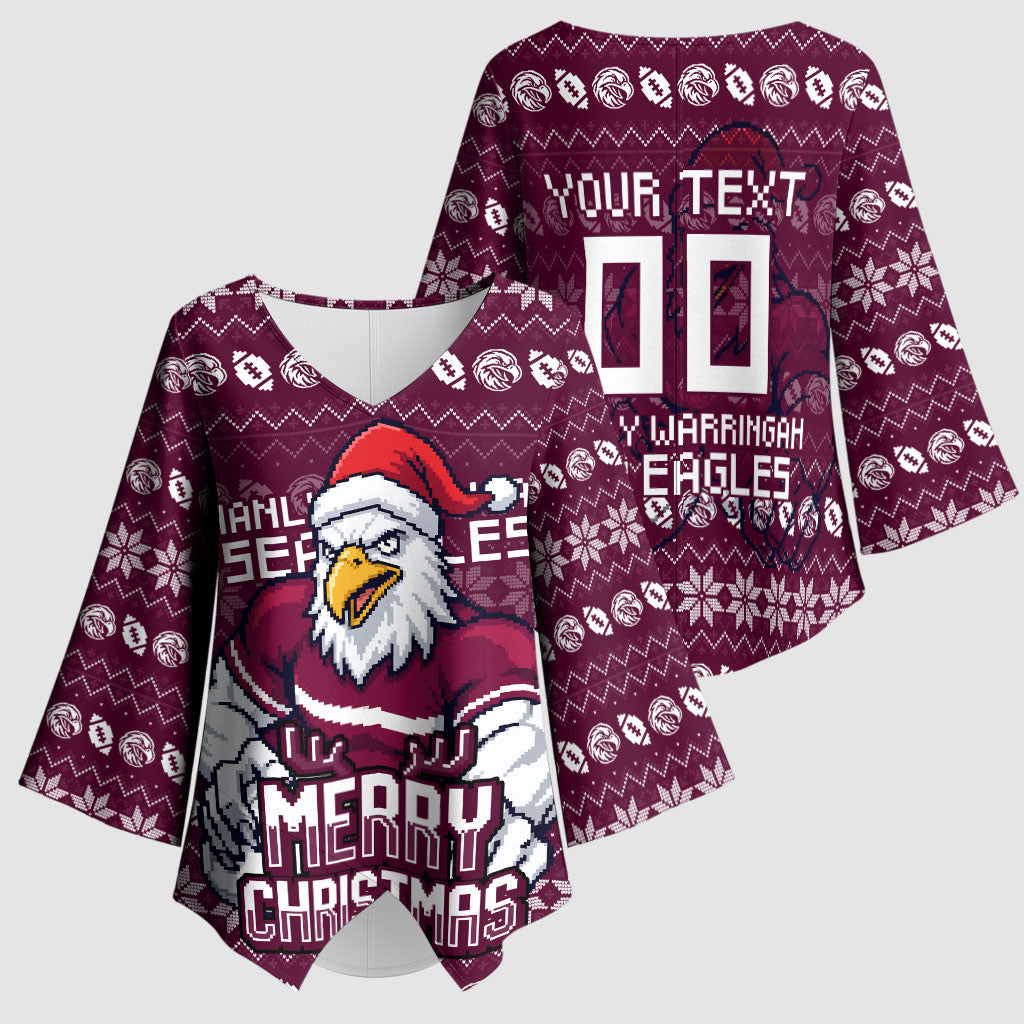 Personalized Sea Eagles Christmas Kimono Sleeve Blouse Australian Rugby Fans - Pixelated Ugly Xmas Pattern Mascot Santa