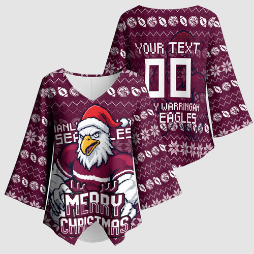 Personalized Sea Eagles Christmas Kimono Sleeve Blouse Australian Rugby Fans - Pixelated Ugly Xmas Pattern Mascot Santa