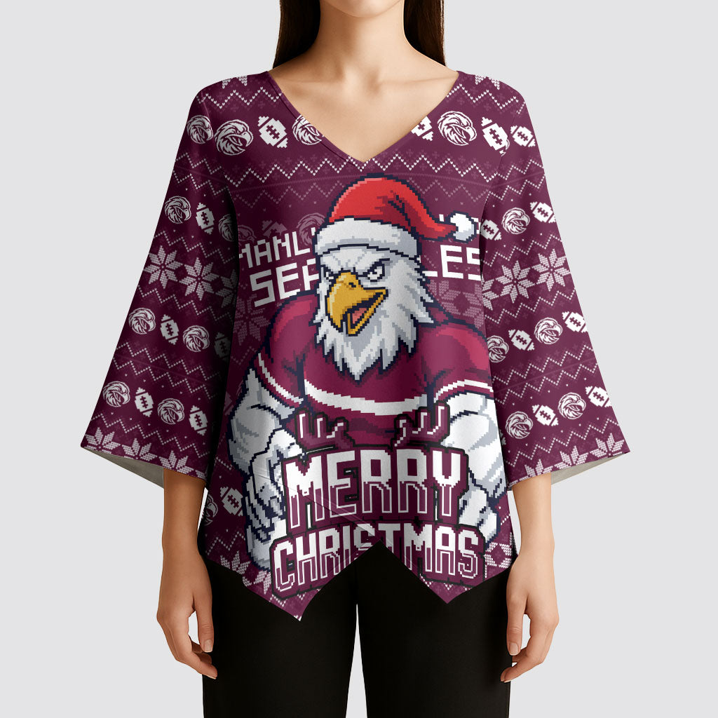 Personalized Sea Eagles Christmas Kimono Sleeve Blouse Australian Rugby Fans - Pixelated Ugly Xmas Pattern Mascot Santa