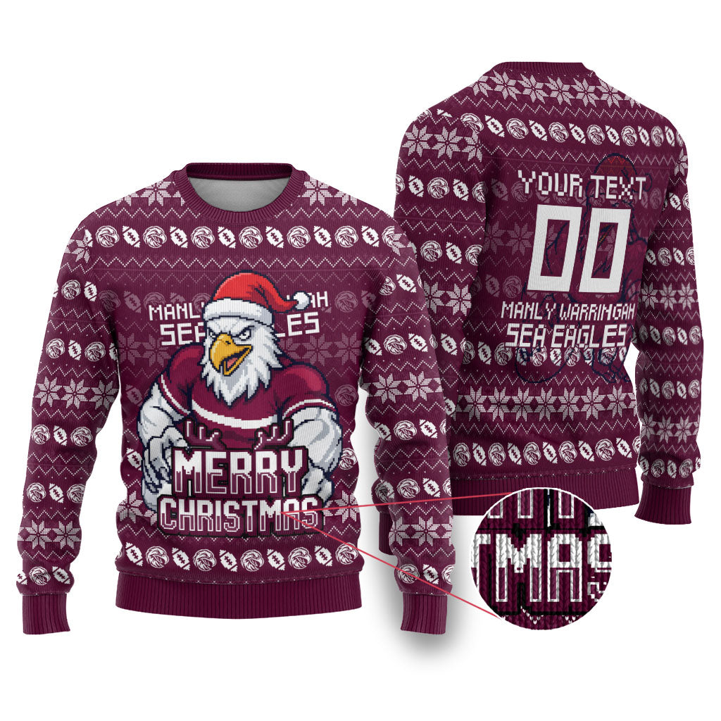 Personalized Sea Eagles Christmas Ugly Christmas Sweater Australian Rugby Fans - Pixelated Ugly Xmas Pattern Mascot Santa