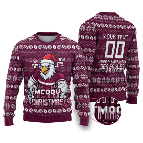 Personalized Sea Eagles Christmas Ugly Christmas Sweater Australian Rugby Fans - Pixelated Ugly Xmas Pattern Mascot Santa