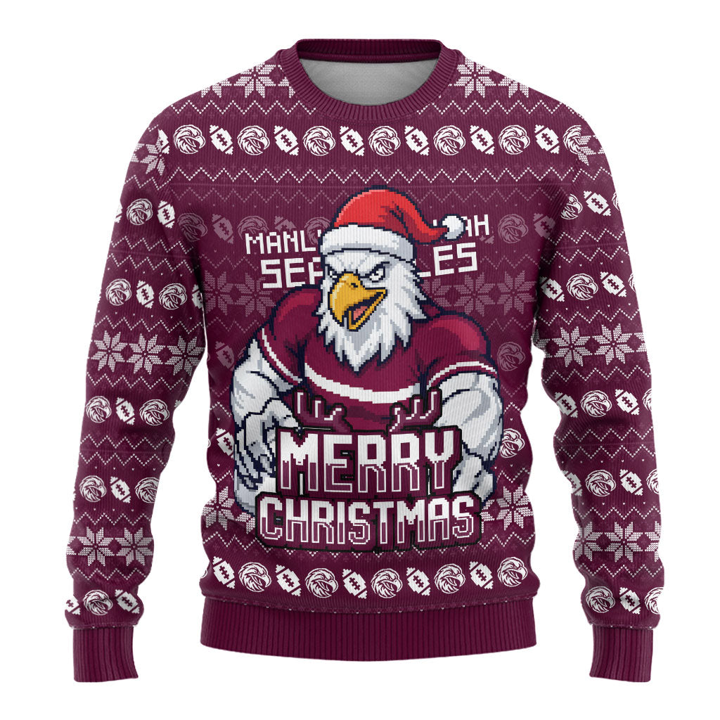 Personalized Sea Eagles Christmas Ugly Christmas Sweater Australian Rugby Fans - Pixelated Ugly Xmas Pattern Mascot Santa