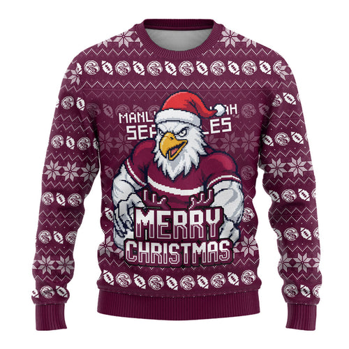 Personalized Sea Eagles Christmas Ugly Christmas Sweater Australian Rugby Fans - Pixelated Ugly Xmas Pattern Mascot Santa