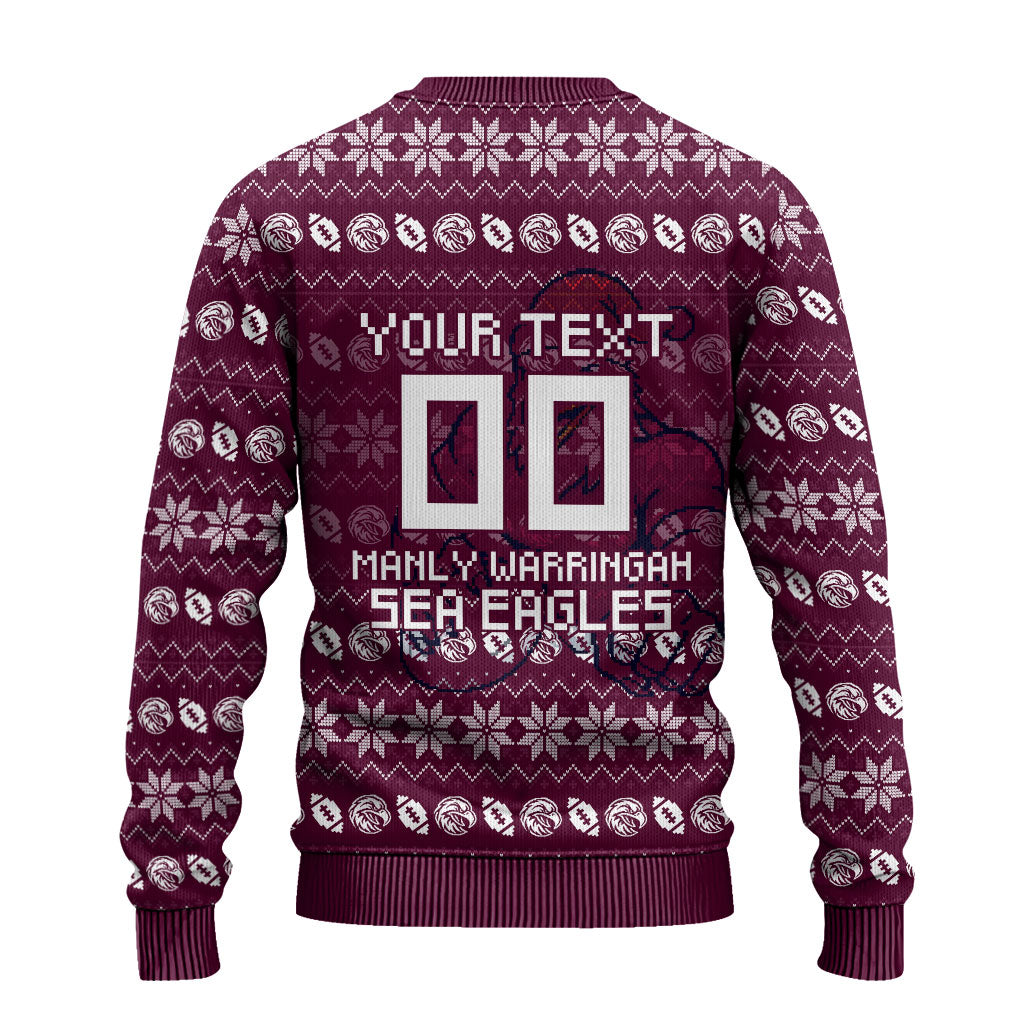 Personalized Sea Eagles Christmas Ugly Christmas Sweater Australian Rugby Fans - Pixelated Ugly Xmas Pattern Mascot Santa