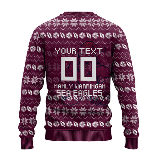 Personalized Sea Eagles Christmas Ugly Christmas Sweater Australian Rugby Fans - Pixelated Ugly Xmas Pattern Mascot Santa
