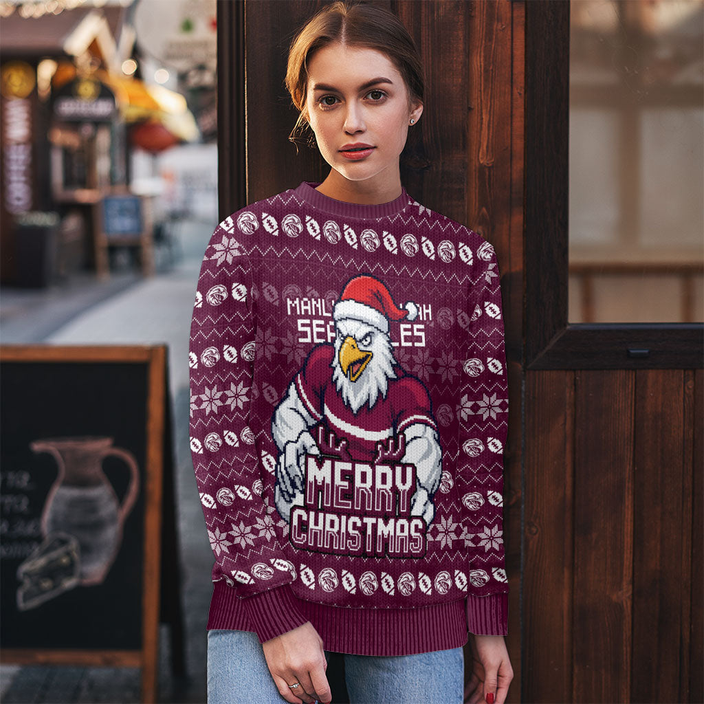 Personalized Sea Eagles Christmas Ugly Christmas Sweater Australian Rugby Fans - Pixelated Ugly Xmas Pattern Mascot Santa