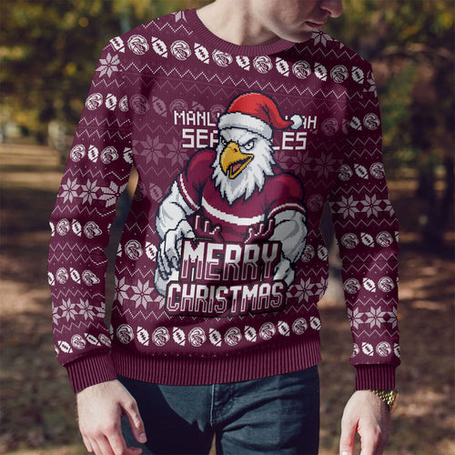 Personalized Sea Eagles Christmas Ugly Christmas Sweater Australian Rugby Fans - Pixelated Ugly Xmas Pattern Mascot Santa