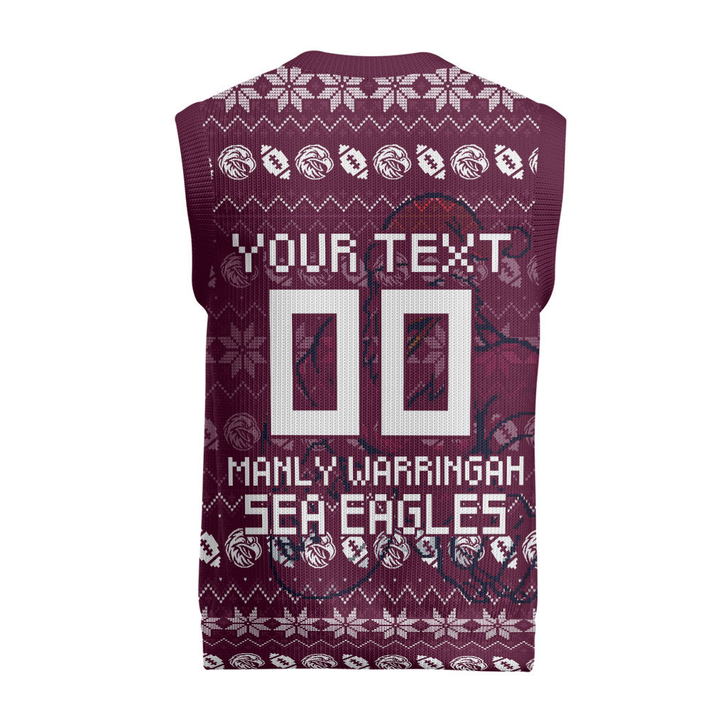 Personalized Sea Eagles Christmas Knitted V-Neck Vest Australian Rugby Fans - Pixelated Ugly Xmas Pattern Mascot Santa