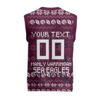 Personalized Sea Eagles Christmas Knitted V-Neck Vest Australian Rugby Fans - Pixelated Ugly Xmas Pattern Mascot Santa