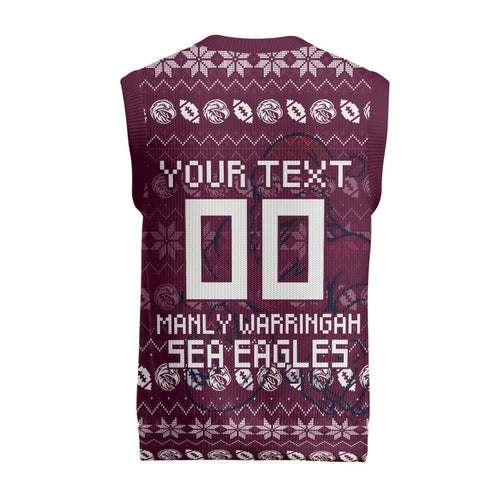 Personalized Sea Eagles Christmas Knitted V-Neck Vest Australian Rugby Fans - Pixelated Ugly Xmas Pattern Mascot Santa