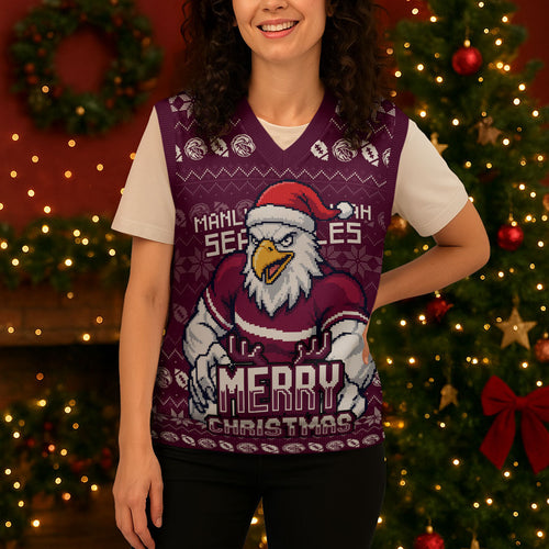 Personalized Sea Eagles Christmas Knitted V-Neck Vest Australian Rugby Fans - Pixelated Ugly Xmas Pattern Mascot Santa