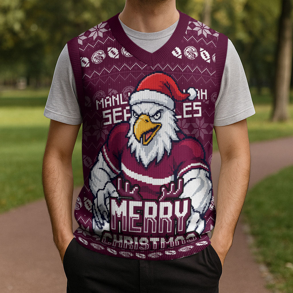 Personalized Sea Eagles Christmas Knitted V-Neck Vest Australian Rugby Fans - Pixelated Ugly Xmas Pattern Mascot Santa