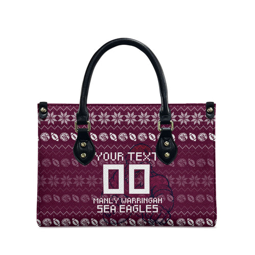 Personalized Sea Eagles Christmas Leather Bag Australian Rugby Fans - Pixelated Ugly Xmas Pattern Mascot Santa