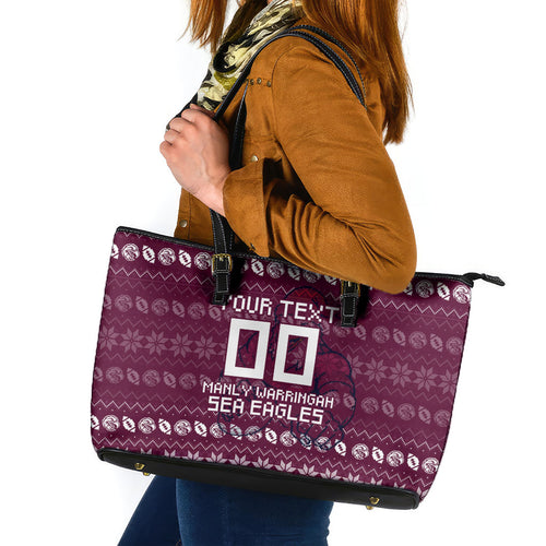 Personalized Sea Eagles Christmas Leather Tote Bag Australian Rugby Fans - Pixelated Ugly Xmas Pattern Mascot Santa