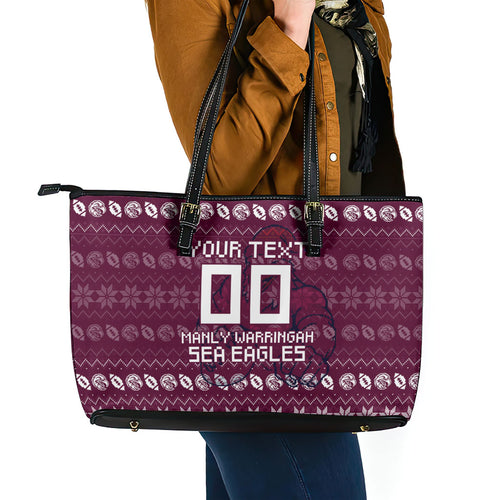 Personalized Sea Eagles Christmas Leather Tote Bag Australian Rugby Fans - Pixelated Ugly Xmas Pattern Mascot Santa