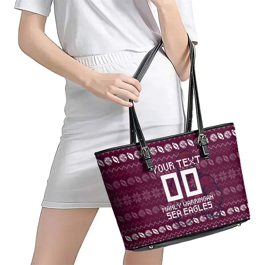 Personalized Sea Eagles Christmas Leather Tote Bag Australian Rugby Fans - Pixelated Ugly Xmas Pattern Mascot Santa