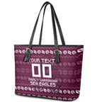 Personalized Sea Eagles Christmas Leather Tote Bag Australian Rugby Fans - Pixelated Ugly Xmas Pattern Mascot Santa