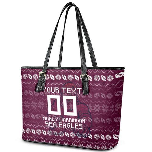 Personalized Sea Eagles Christmas Leather Tote Bag Australian Rugby Fans - Pixelated Ugly Xmas Pattern Mascot Santa