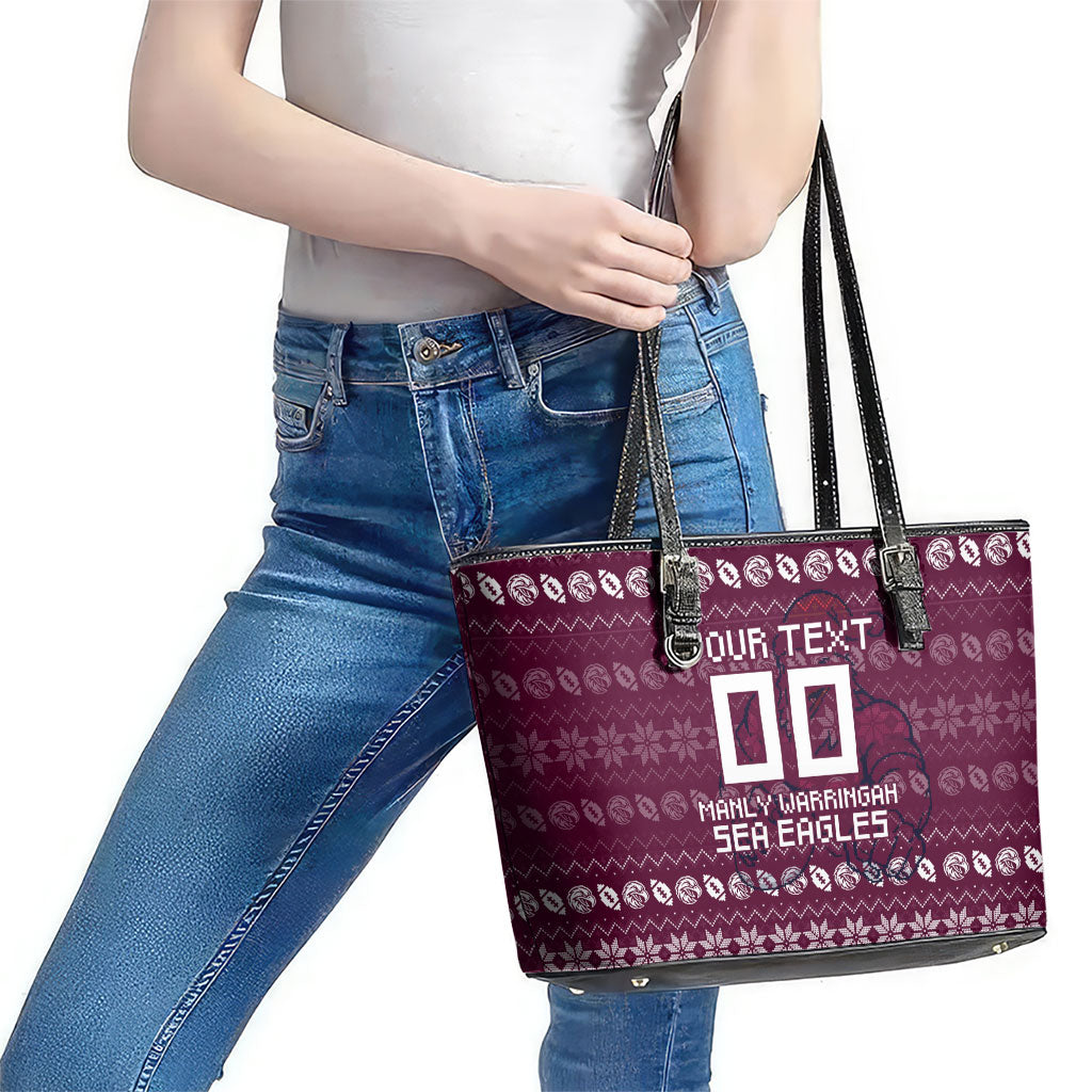 Personalized Sea Eagles Christmas Leather Tote Bag Australian Rugby Fans - Pixelated Ugly Xmas Pattern Mascot Santa