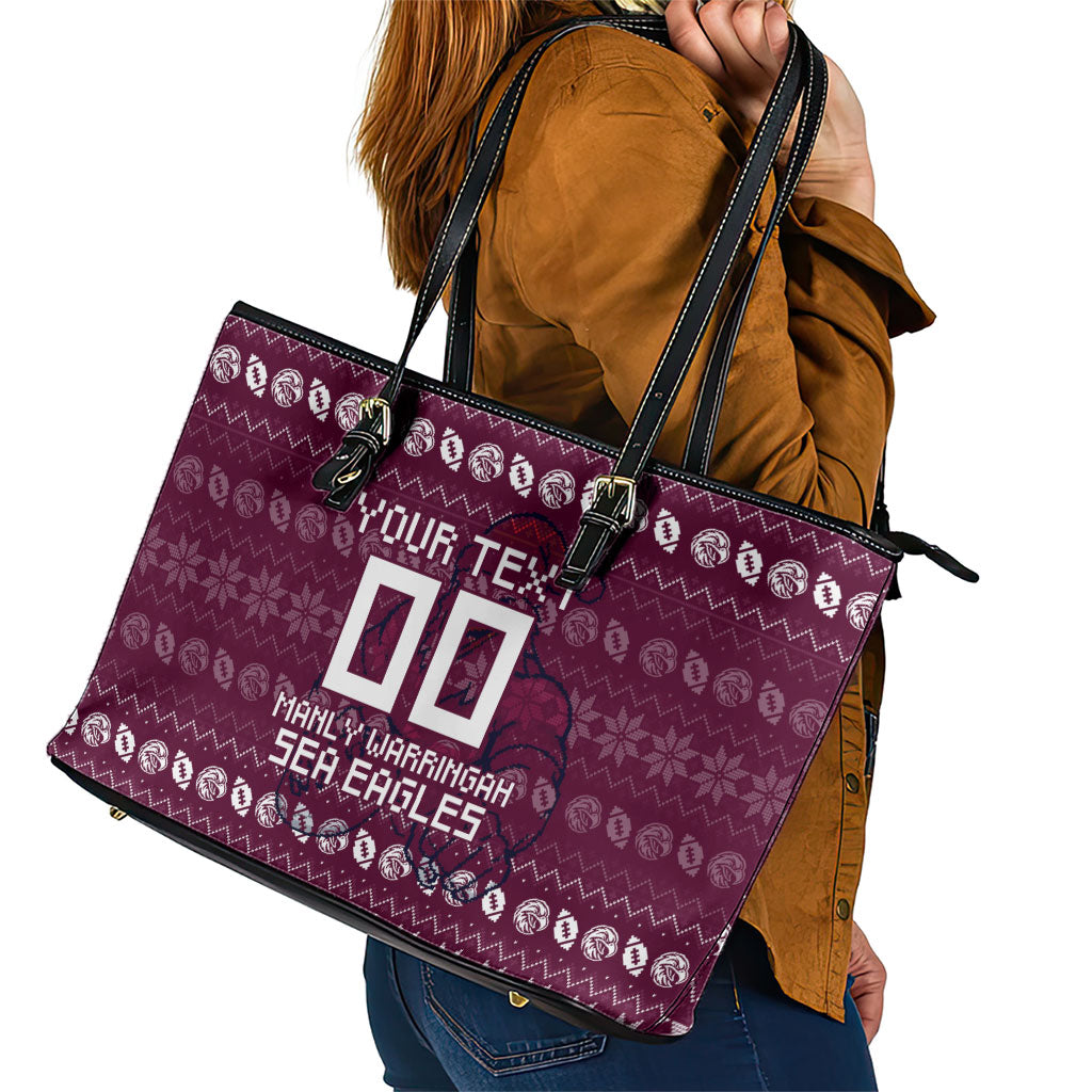 Personalized Sea Eagles Christmas Leather Tote Bag Australian Rugby Fans - Pixelated Ugly Xmas Pattern Mascot Santa