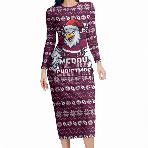 Personalized Sea Eagles Christmas Long Sleeve Bodycon Dress Australian Rugby Fans - Pixelated Ugly Xmas Pattern Mascot Santa