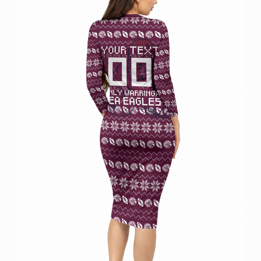 Personalized Sea Eagles Christmas Long Sleeve Bodycon Dress Australian Rugby Fans - Pixelated Ugly Xmas Pattern Mascot Santa