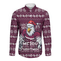 Personalized Sea Eagles Christmas Long Sleeve Button Shirt Australian Rugby Fans - Pixelated Ugly Xmas Pattern Mascot Santa