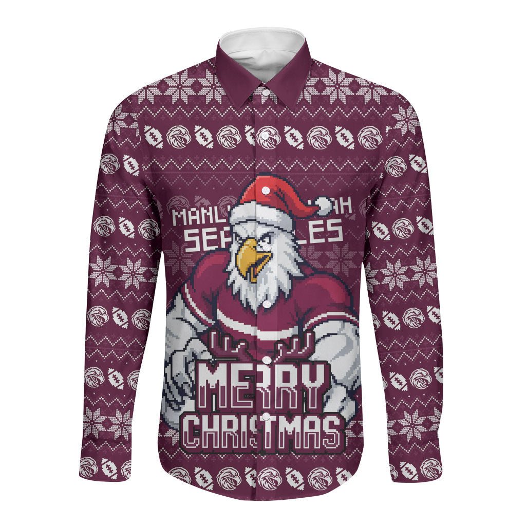 Personalized Sea Eagles Christmas Long Sleeve Button Shirt Australian Rugby Fans - Pixelated Ugly Xmas Pattern Mascot Santa