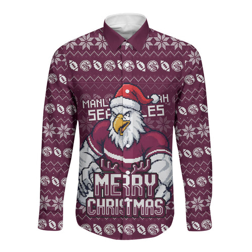 Personalized Sea Eagles Christmas Long Sleeve Button Shirt Australian Rugby Fans - Pixelated Ugly Xmas Pattern Mascot Santa