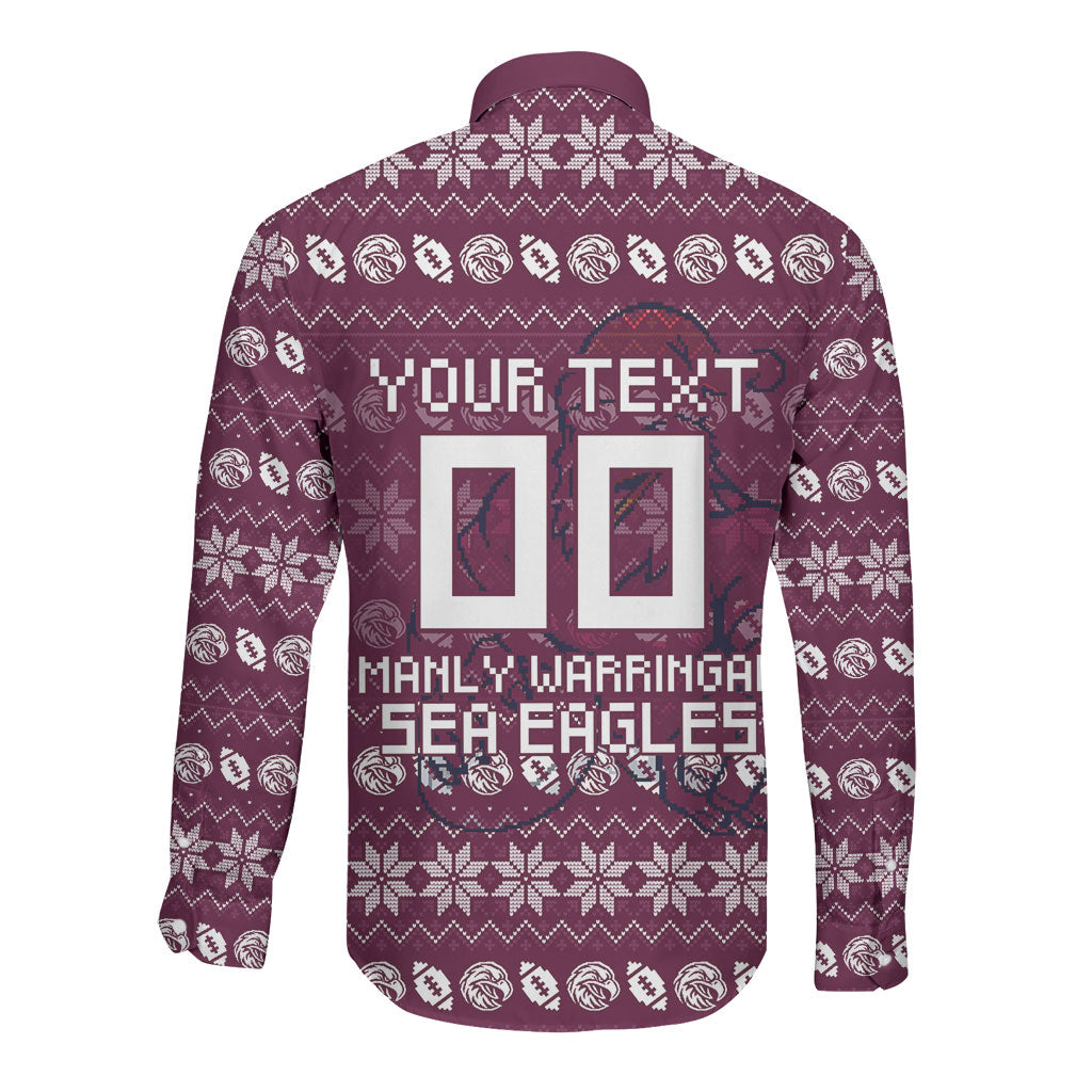 Personalized Sea Eagles Christmas Long Sleeve Button Shirt Australian Rugby Fans - Pixelated Ugly Xmas Pattern Mascot Santa