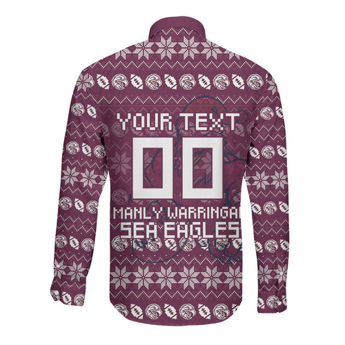 Personalized Sea Eagles Christmas Long Sleeve Button Shirt Australian Rugby Fans - Pixelated Ugly Xmas Pattern Mascot Santa