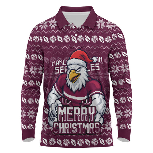 Personalized Sea Eagles Christmas Long Sleeve Polo Shirt Australian Rugby Fans - Pixelated Ugly Xmas Pattern Mascot Santa
