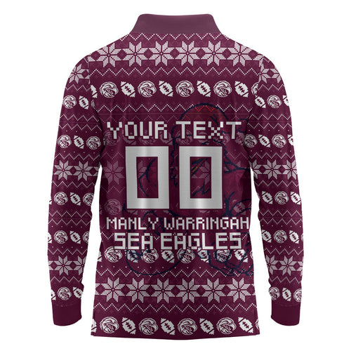 Personalized Sea Eagles Christmas Long Sleeve Polo Shirt Australian Rugby Fans - Pixelated Ugly Xmas Pattern Mascot Santa