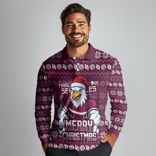 Personalized Sea Eagles Christmas Long Sleeve Polo Shirt Australian Rugby Fans - Pixelated Ugly Xmas Pattern Mascot Santa