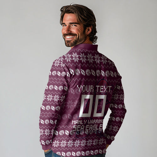 Personalized Sea Eagles Christmas Long Sleeve Polo Shirt Australian Rugby Fans - Pixelated Ugly Xmas Pattern Mascot Santa