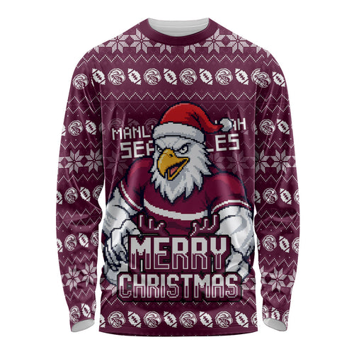 Personalized Sea Eagles Christmas Long Sleeve Shirt Australian Rugby Fans - Pixelated Ugly Xmas Pattern Mascot Santa