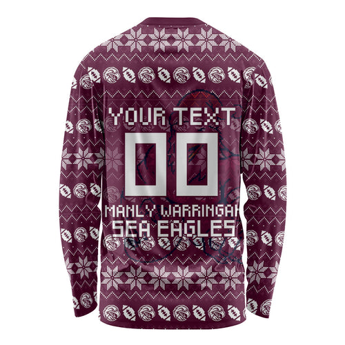 Personalized Sea Eagles Christmas Long Sleeve Shirt Australian Rugby Fans - Pixelated Ugly Xmas Pattern Mascot Santa